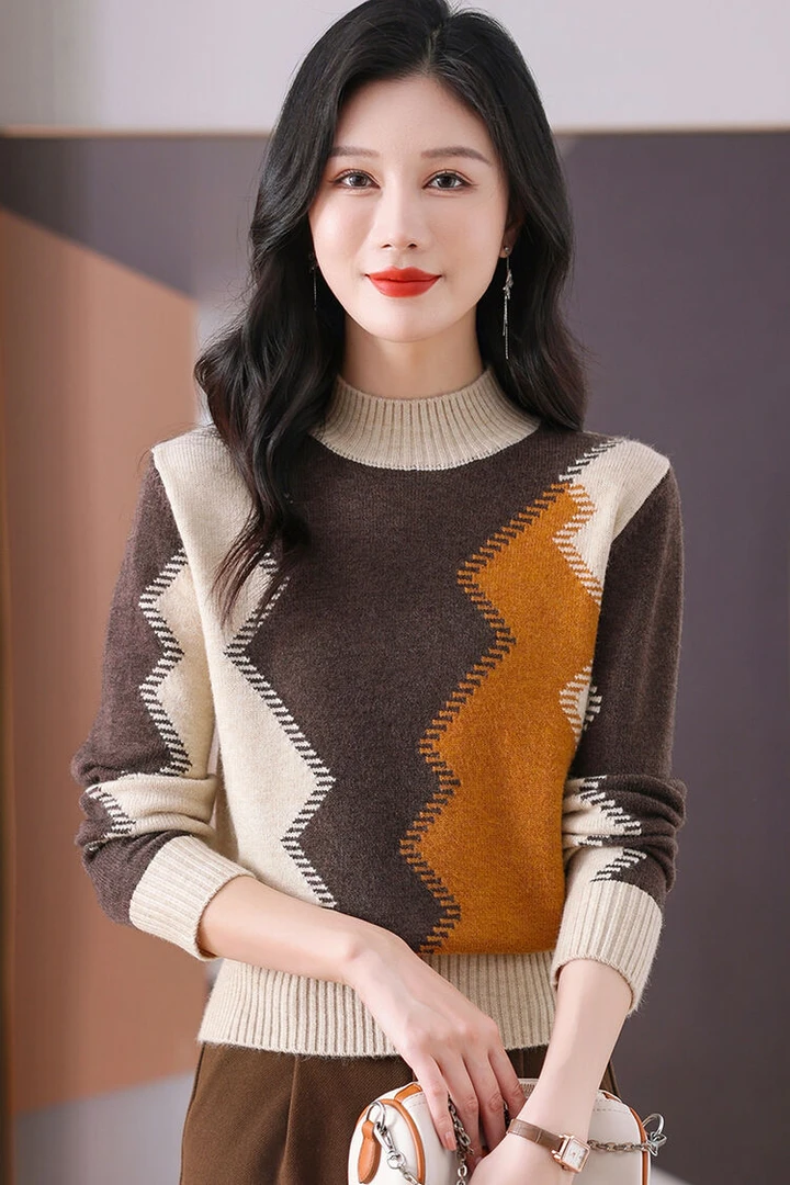 2024新款冬季女士半高领毛衣洋气宽松显瘦拼色打底针织时尚百搭