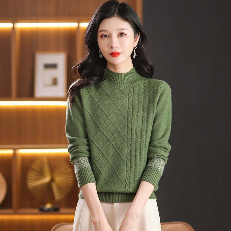 2024新款冬季女士长袖半高领洋气时尚百搭宽松显瘦针织保暖打底