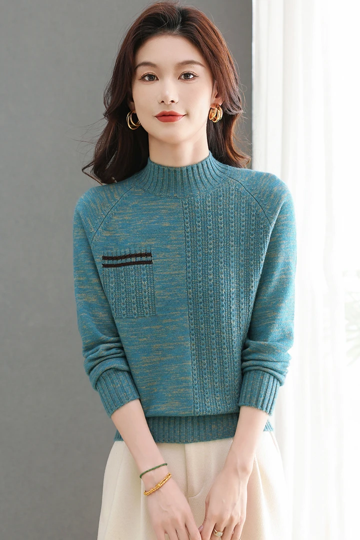 2025新款冬季女士半高领毛衣保暖加厚洋气宽松显瘦时尚彩纱针织