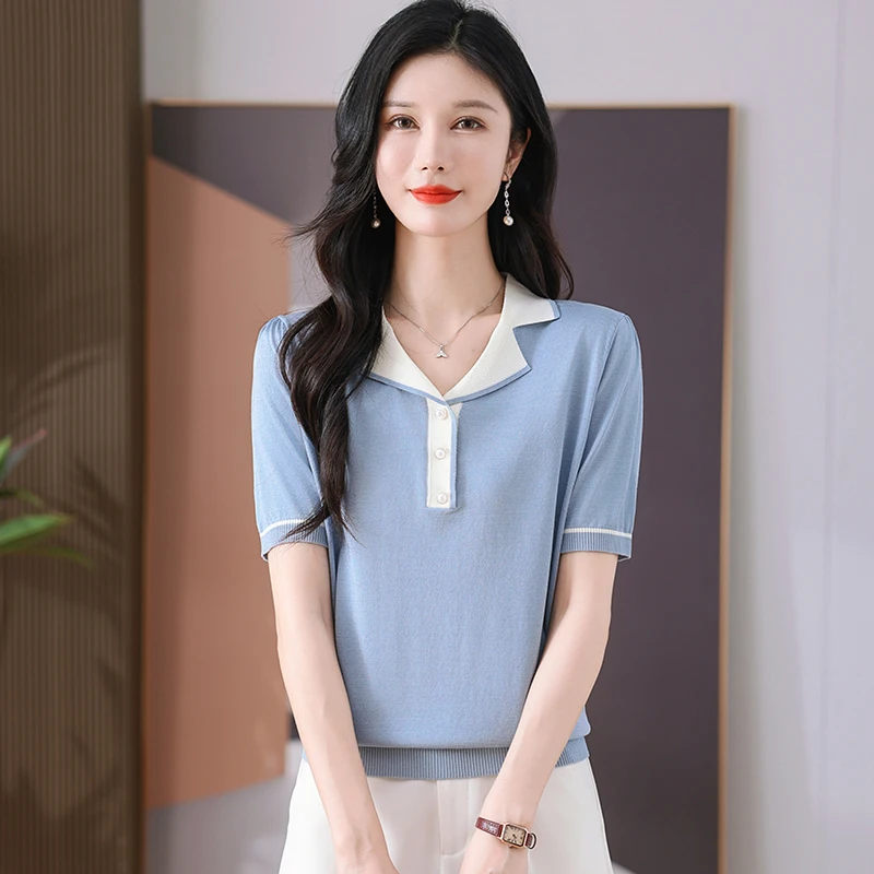 【天丝】新款夏季女士翻领T恤显瘦气质时尚宽松减龄百搭薄款