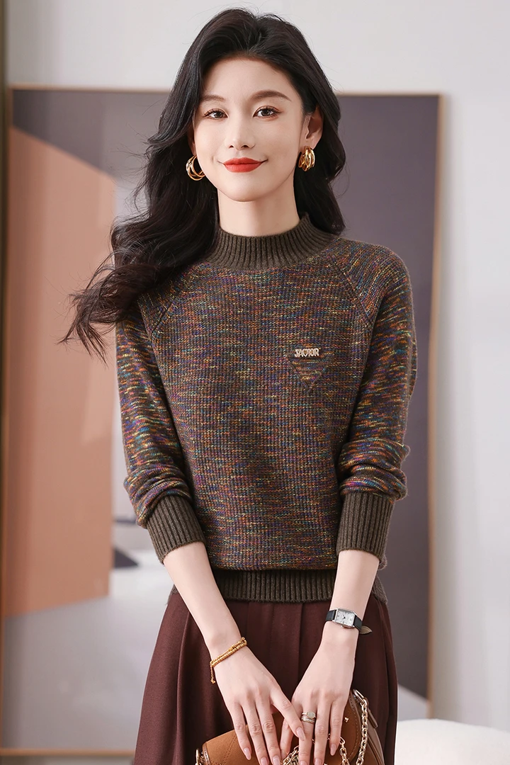 2024新款冬季女士半高领毛衣加厚保暖洋气宽松打底显瘦气质花色
