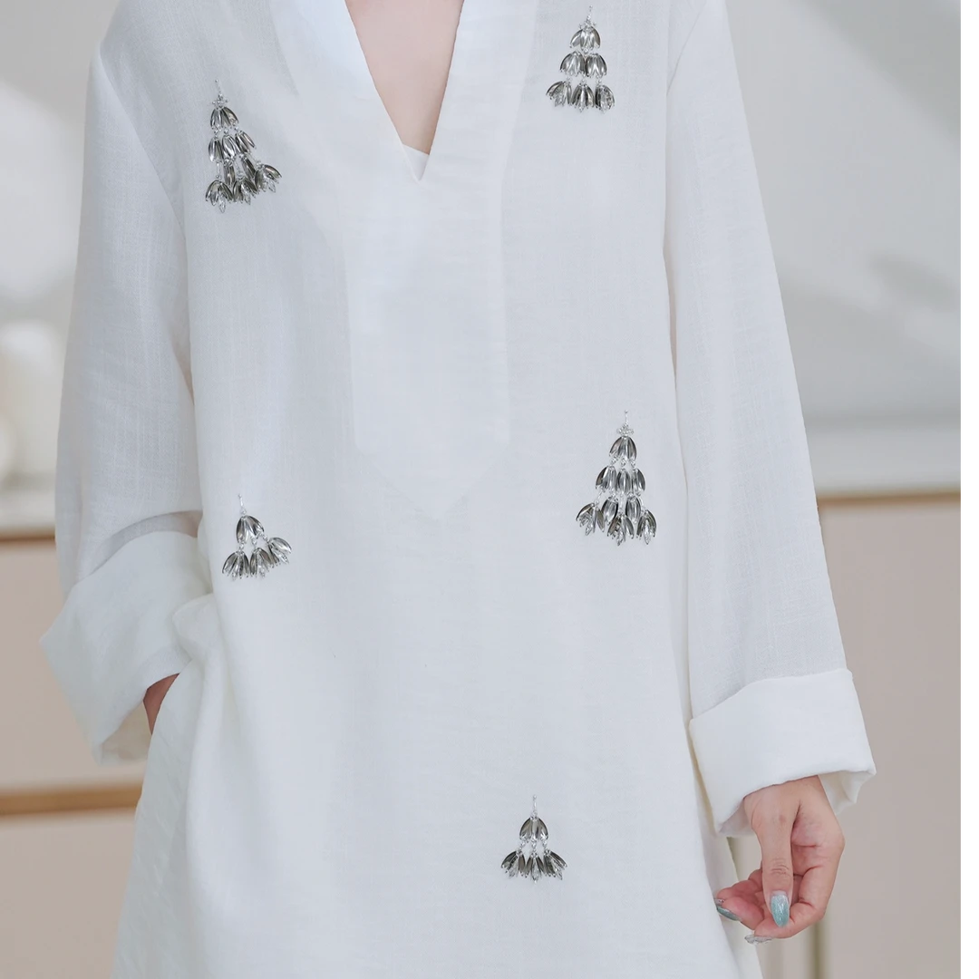 【新品】新中式重工禅意白色茶服套装国风V领长袖古风上衣套装86494