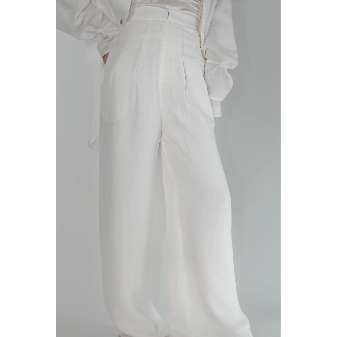 【雨荷】•新中式白色长裤纯色宽松禅意圆领户外四季款式86356