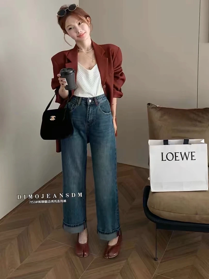 【7159】DIMO无弹翻边绣直筒裤早秋显瘦软牛仔裤休闲百搭