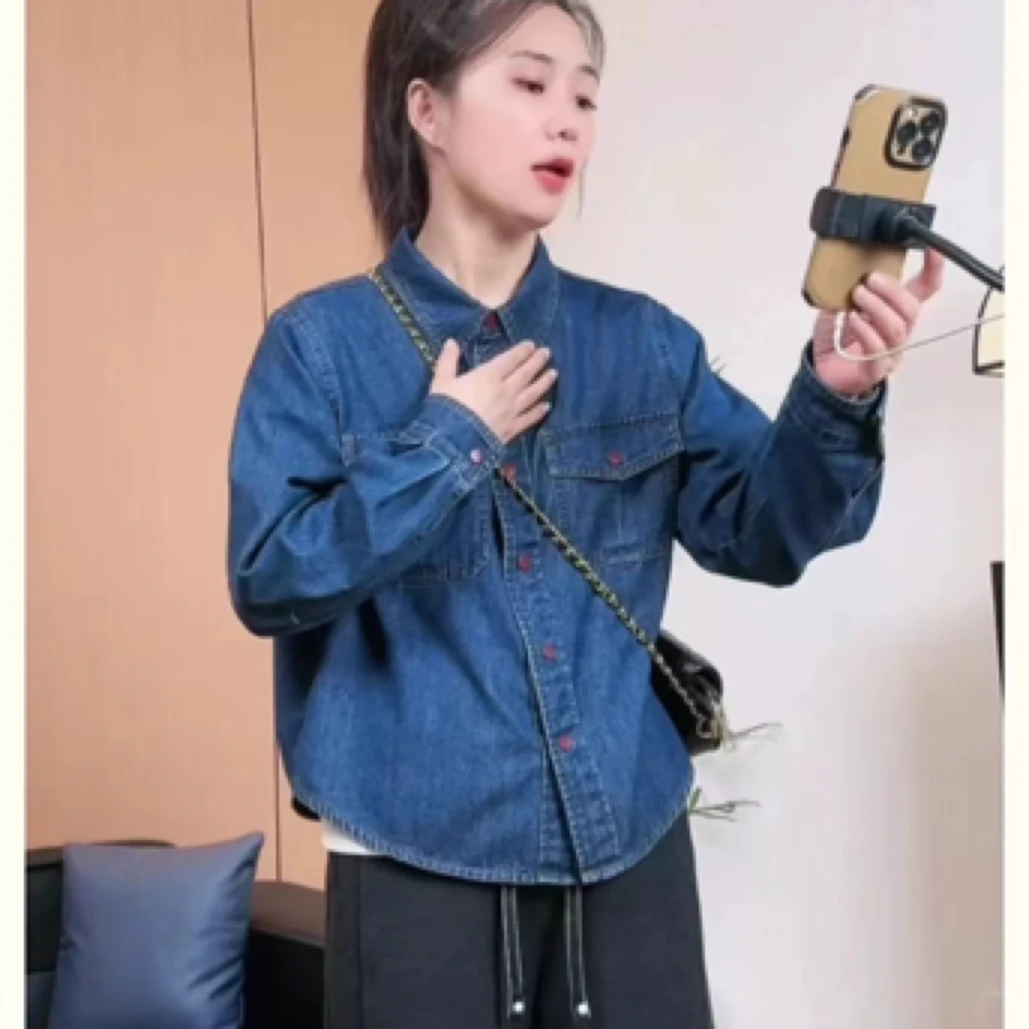 抓毛牛仔衬衫女款2024年秋冬新款小个子长袖衬衣休闲百搭打底上衣