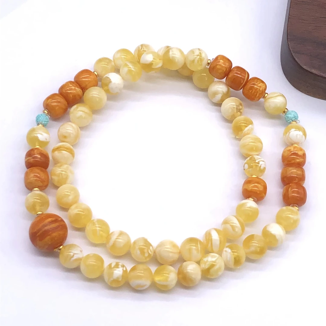 【亿轩臻选】ZX094811金妖白橘皮花蜡多圈手串diy绿松9-14mm+