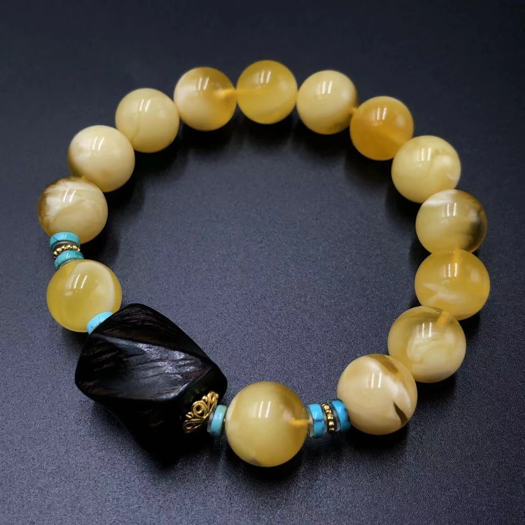 【亿轩臻选】ZX052805金白圆珠单圈手串diy海南虫漏沉香&绿松12mm+