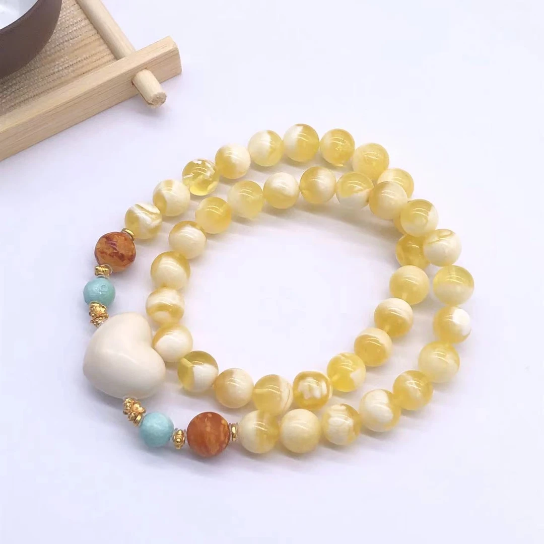 【亿轩臻选】ZX091911金妖白双圈手串diy猛犸爱心&绿松9mm+