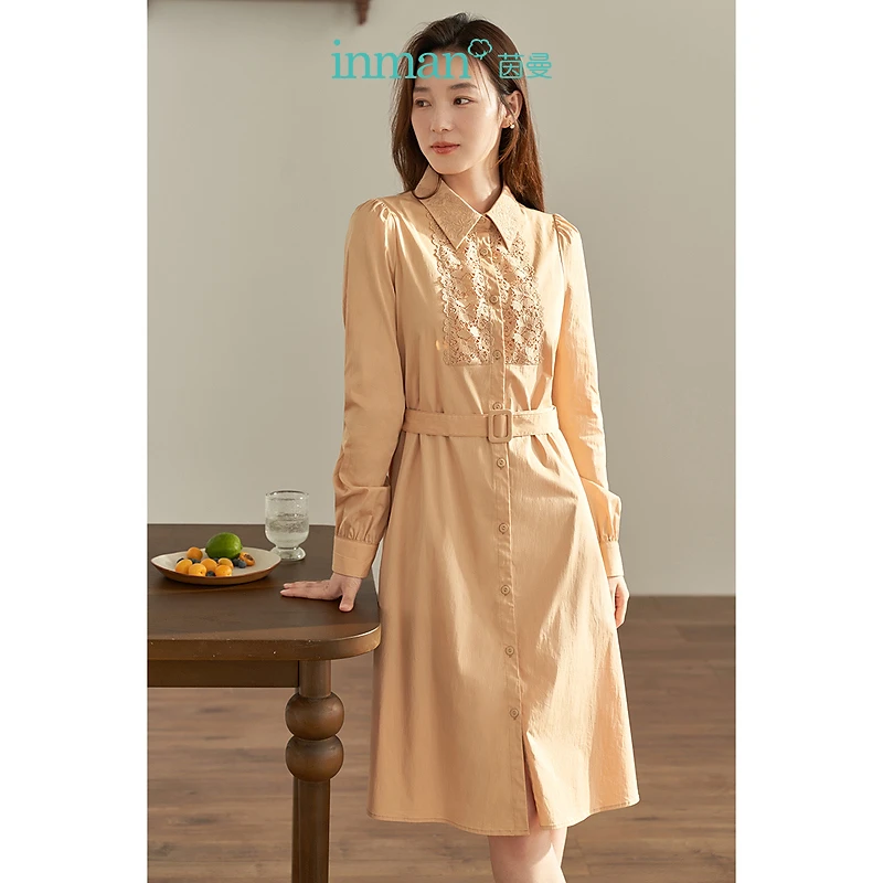 【商场同款】茵曼秋女装新款田园蕾丝拼接腰带显瘦长袖连衣裙