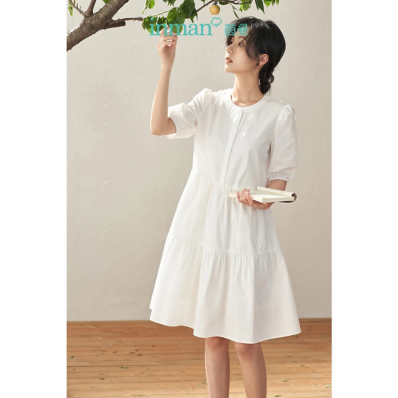 【商场同款】茵曼秋女装新款复古绣花领结新疆棉连衣裙法式蛋糕裙