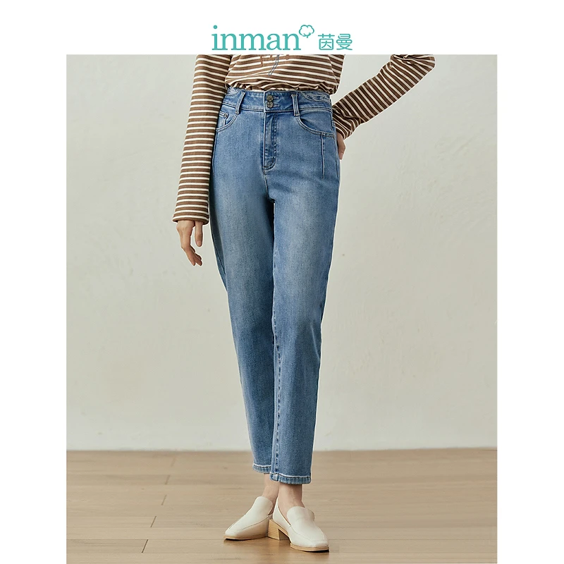 【商场同款】茵曼九分直筒牛仔裤冬季女装新款中高腰宽松长裤