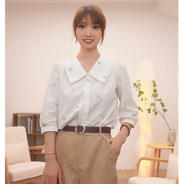 【商场同款】茵曼纯棉卡通绣花翻领衬衫2024夏季新款中袖宽松上衣