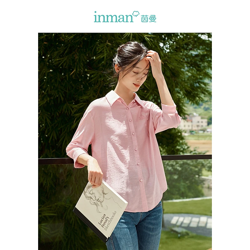 【商场同款】茵曼欧根纱衬衣春夏季女装新款翻领七分长袖上衣