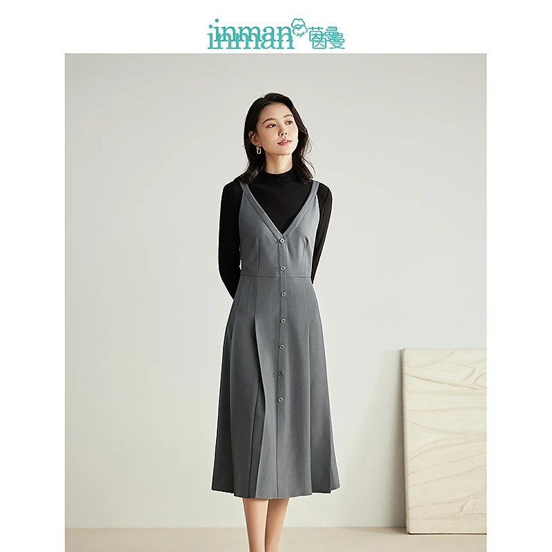 【商场同款】茵曼气质V领吊带裙2024春女装新款显瘦压褶A摆连衣裙