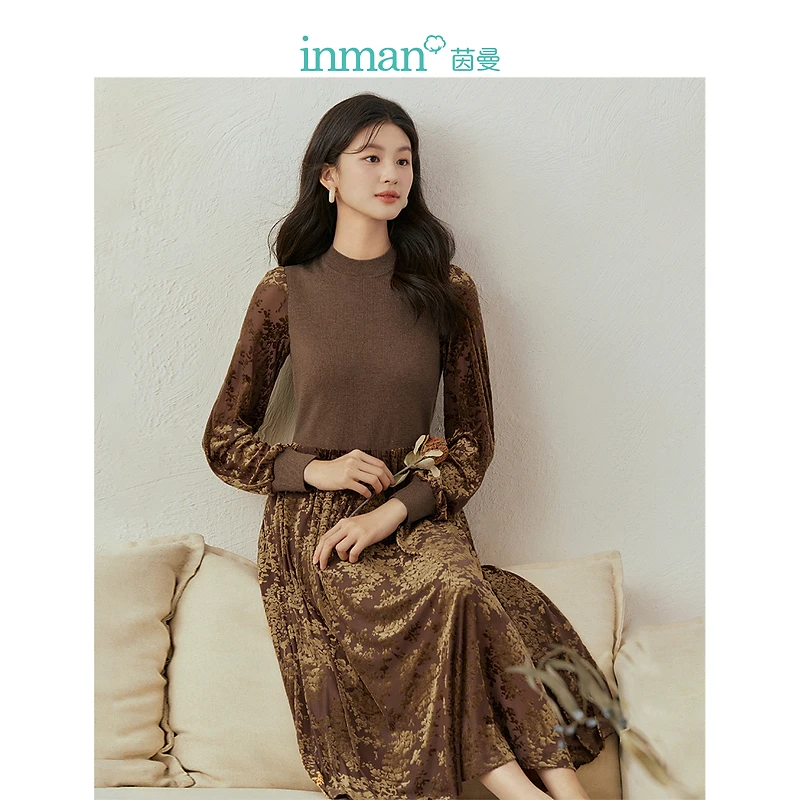 【商场同款】茵曼文艺烧花拼接连衣裙冬季女装新款小圆领长裙