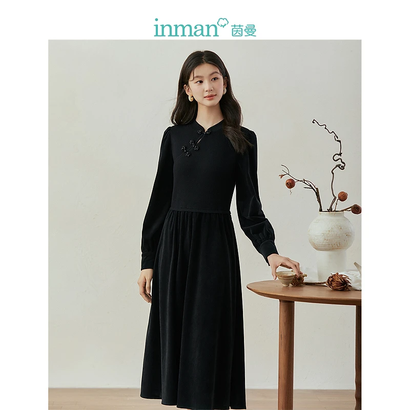 【商场同款】茵曼改良盘扣旗袍连衣裙冬季女装新款保暖中长裙