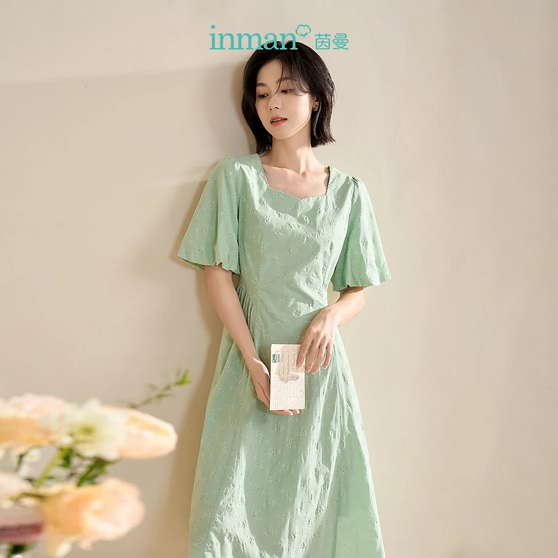 【商场同款】茵曼春季女装新款法式甜美灯笼袖收腰A字连衣裙