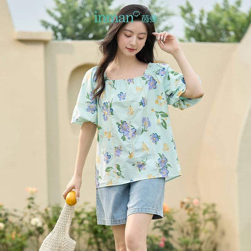 【商场同款】茵曼手绘涂鸦衬衣夏女装新款打揽花苞袖娃娃衫