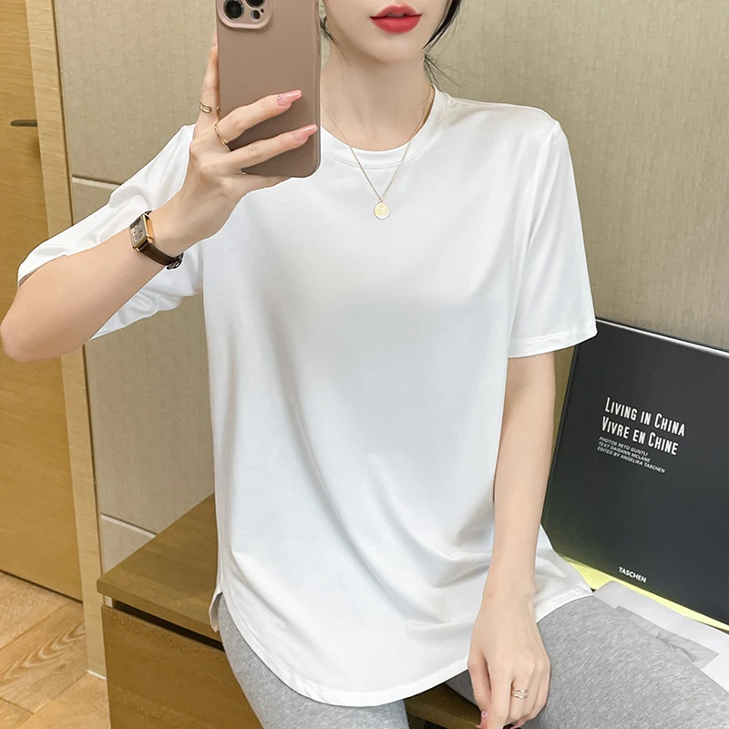 宽松白色冰丝短袖t恤女夏季2025新款遮肚子显瘦下摆弧形半袖上衣