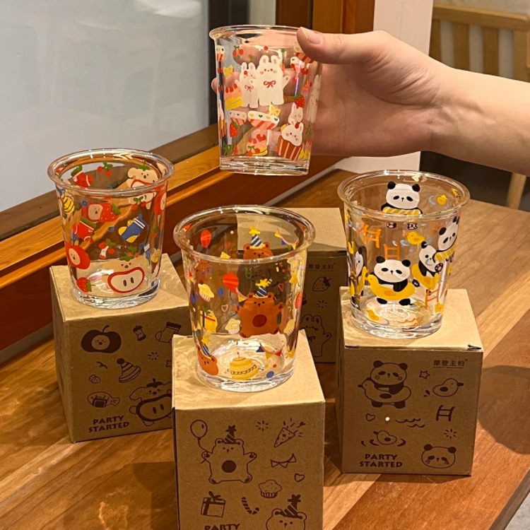 动物派对玻璃杯女卡通杯子家用喝水杯高颜值牛奶杯果汁杯网红