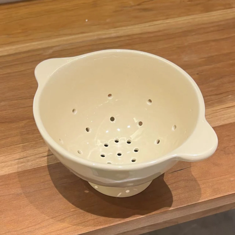 陶瓷镂空小果篮沥水篮做旧复古双耳控水碗带柄水果点心碗