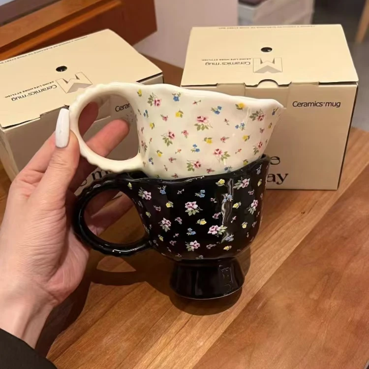 谷野home高级感轻奢复古小碎花手捏陶瓷杯咖啡杯马克杯水杯礼盒装