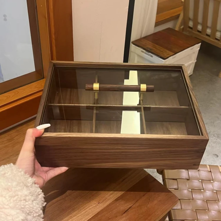 日式干果客厅带盖实木坚果盒个性胡桃木分格果盒六宫格中式