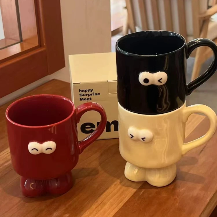 可爱emoji大眼睛陶瓷马克杯红色水杯女情侣咖啡杯创意杯