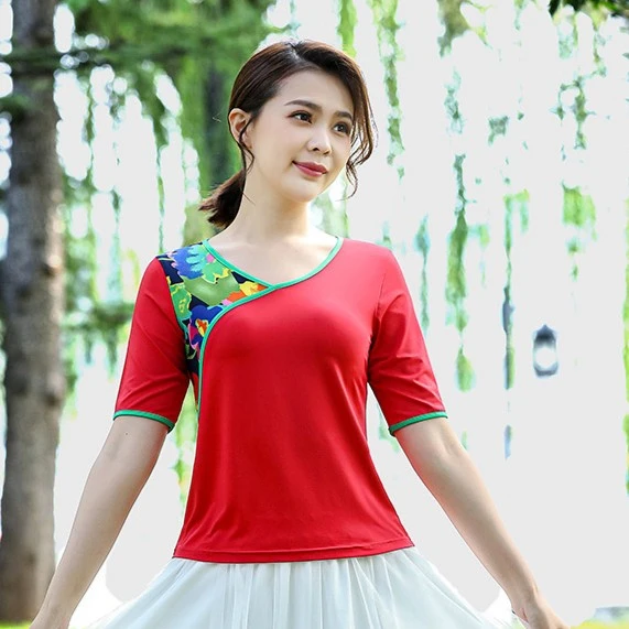 范儿丹斯经典广场舞中袖演出服红上衣+白纱裙舞服健身1028+3018