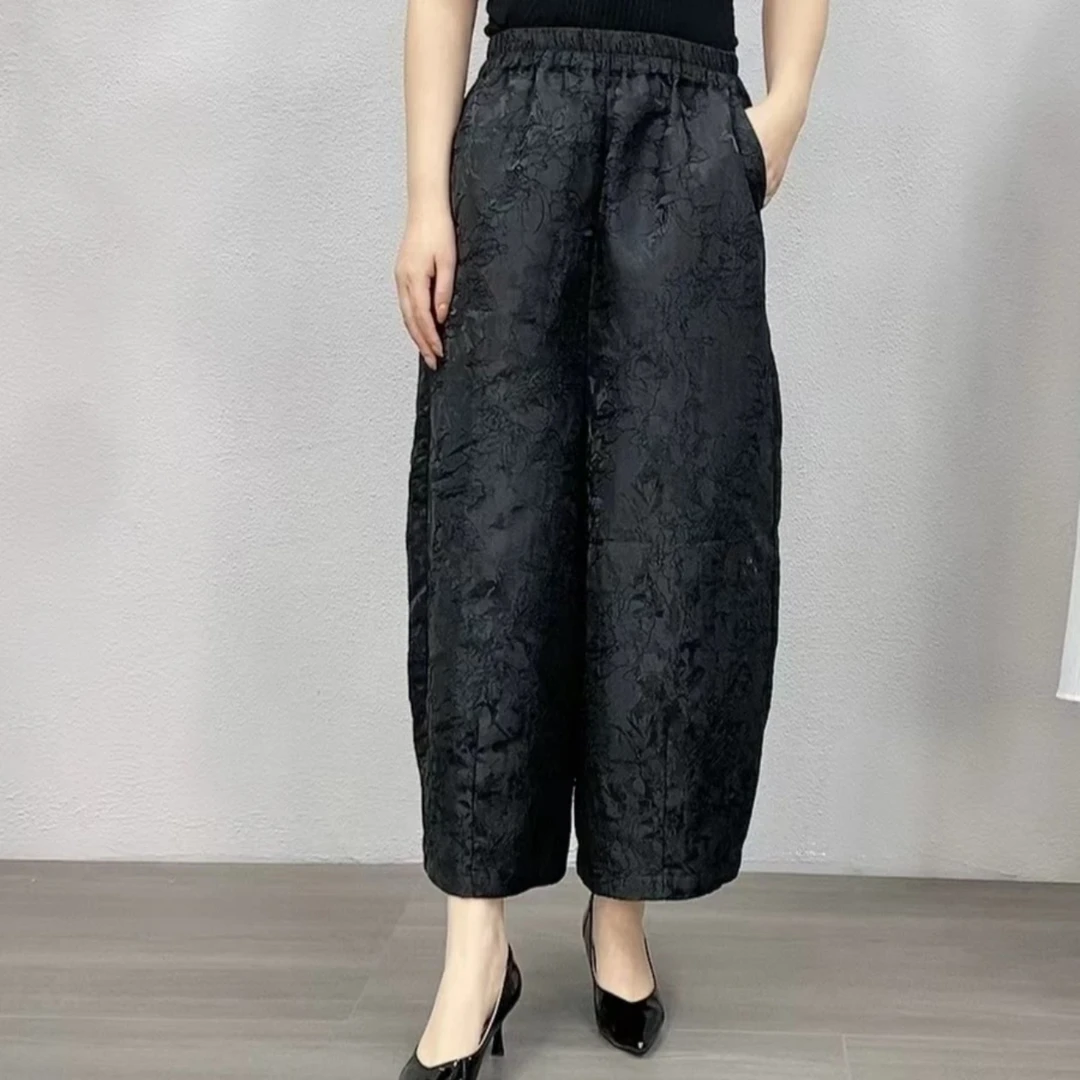 2024秋季新款时尚复古宽松百搭休闲高腰提花茧型裤花苞裤