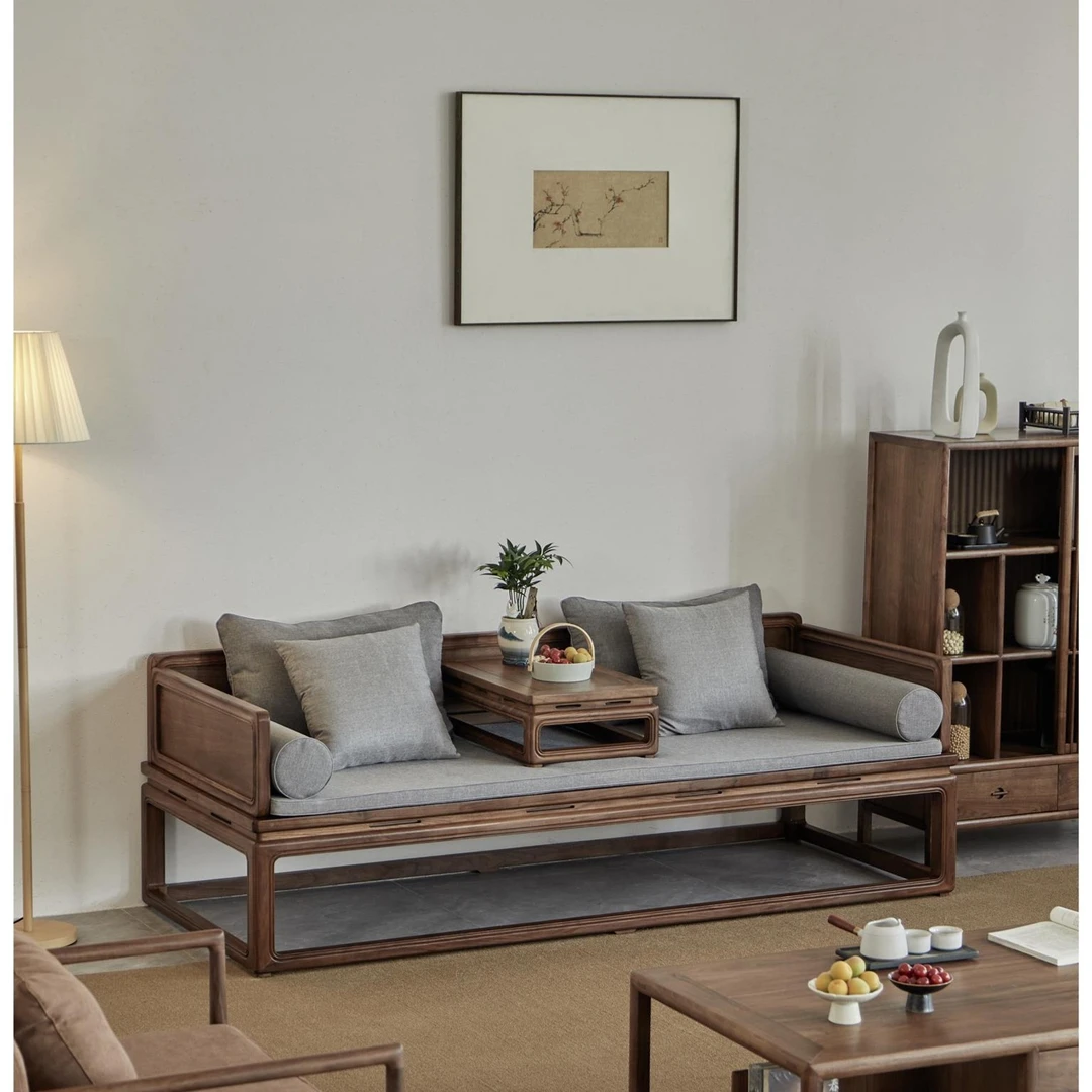 新中式实木罗汉床客厅沙发床黑胡桃木罗汉榻床榻卧榻小户型贵妃榻