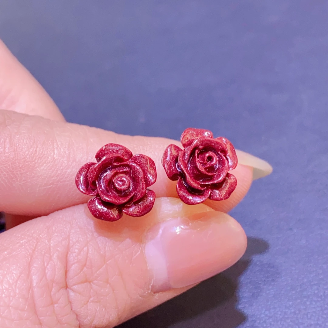 含辰砂工艺品高含量女士紫砂玫瑰花耳钉