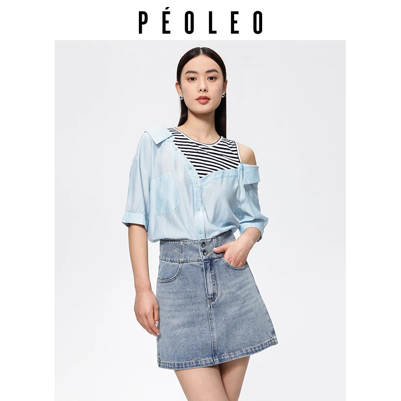 PM5109202时尚上衣蓝色针织高腰休闲夏季春夏条纹拼接不规则梭织