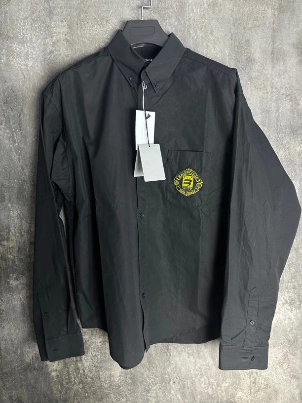 未使用/Balenciaga曼联双勾黄色刺绣黑色宽松长袖衬衫