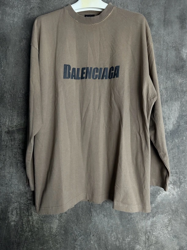 全新未使用/Balenciaga灰色灰褐色浅棕色大Logo破坏长袖