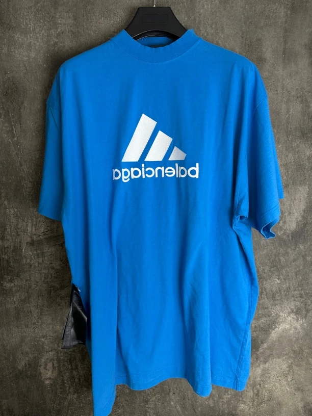 全新未使用 Balenciaga/巴黎世家 联名Adidas三杠刺绣蓝色短袖