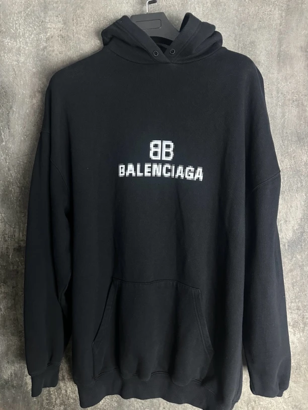 全新未使用/Balenciaga BB双B模糊马赛克黑色宽松帽衫卫衣
