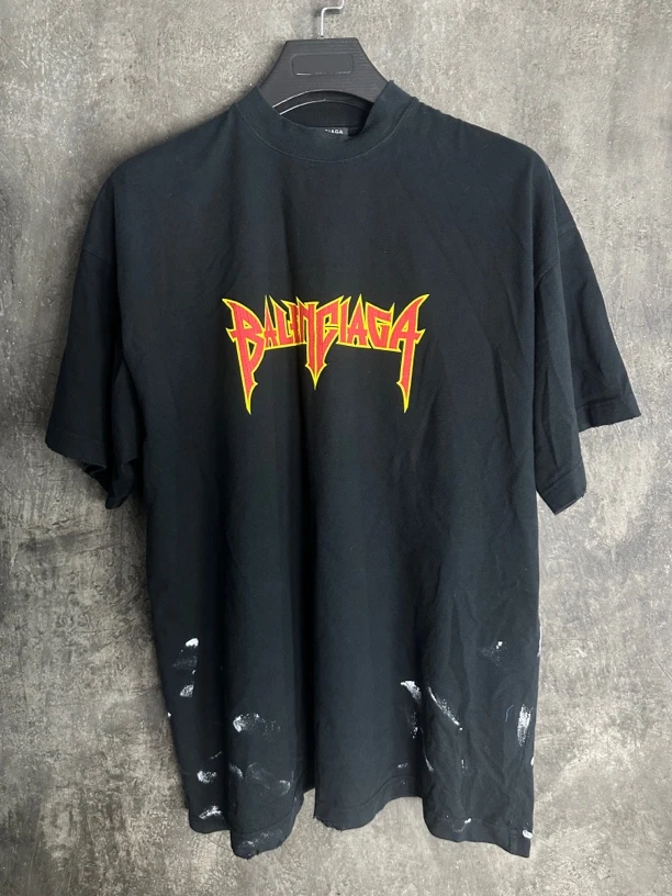 全新未使用/Balenciaga Metallica摇滚乐队火焰泼墨黑色短袖