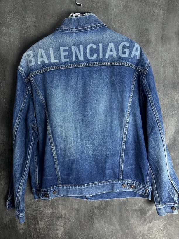 未使用/Balenciaga水洗蓝色破坏印花牛仔夹克