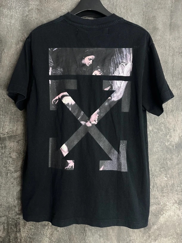 全新未使用/OFF-WHITE 背后宗教印花黑色短袖