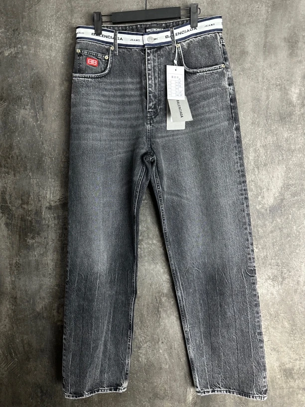 未使用/Balenciaga水洗黑波纹宽松阔腿腰带Logo牛仔裤