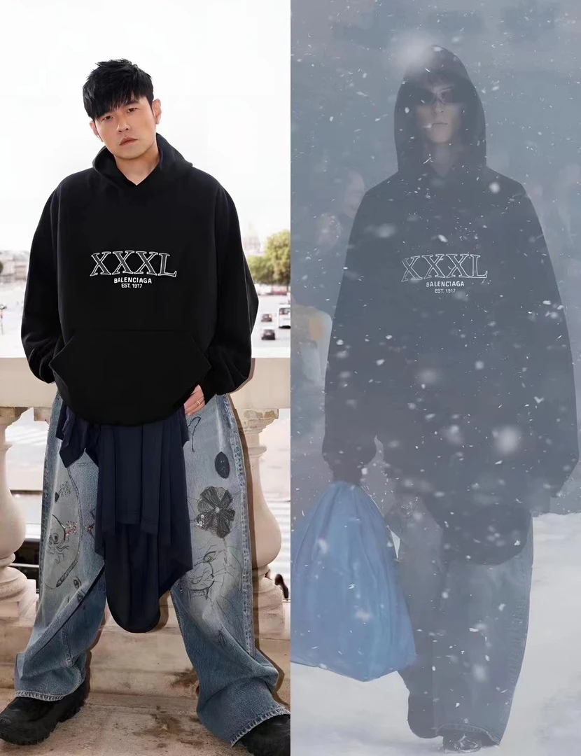 全新未使用/Balenciaga水洗黑XXXL3XL刺绣假俩件秀款帽衫卫衣