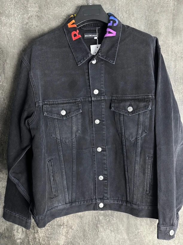 未使用/Balenciaga彩虹领刺绣Logo水洗黑色牛仔夹克外套