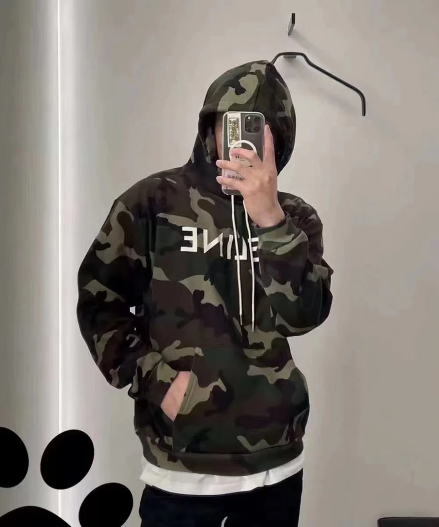 全新未使用 Celine/思琳 经典Logo迷彩黑绿连帽卫衣帽衫