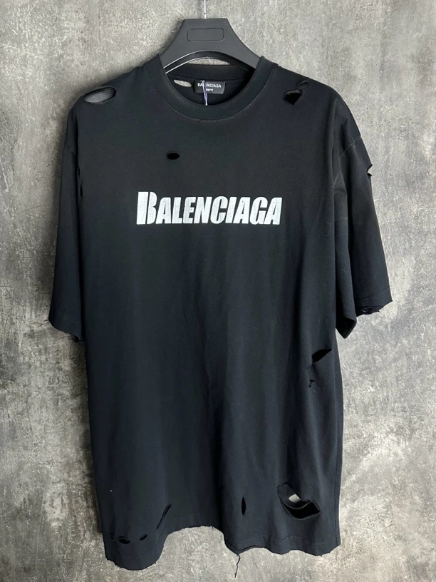 全新未使用/Balenciaga虫洞大破坏经典大logo黑色宽松短袖