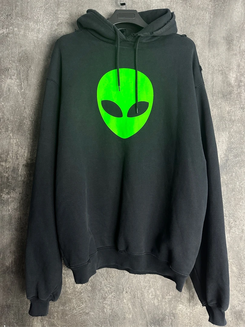 全新未使用/巴黎世家 balenciaga 外星人 黑色破坏帽衫卫衣