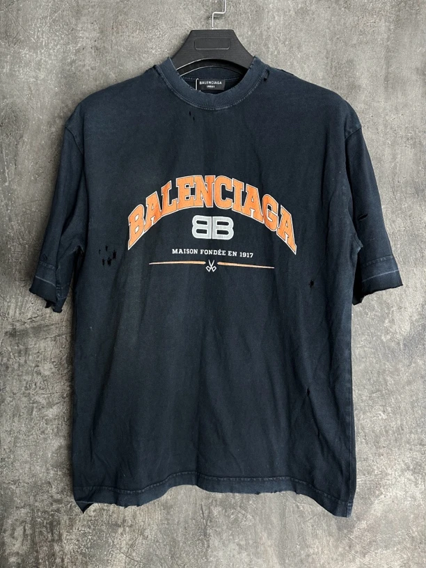 全新未使用/巴黎世家 做旧破坏 剪刀BB裂纹印花logo短袖