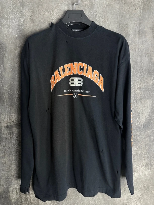 全新未使用/Balenciaga Maison双B字母剪刀印花裂纹磨损破洞长袖