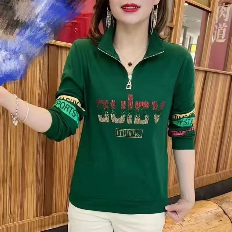 中老年女装春秋长袖洋气时尚百搭宽松显瘦立领印花上衣打底衫女装