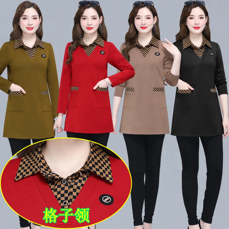 春秋中年中老年女装假两件上衣中长款大码妈妈装宽松秋装翻领长袖